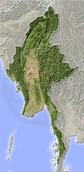 Myanmar, shaded relief map.