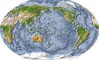 World map, shaded relief with ocean floor, centered on the Pacific.